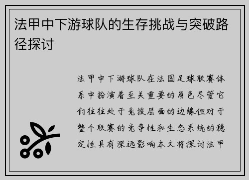 法甲中下游球队的生存挑战与突破路径探讨
